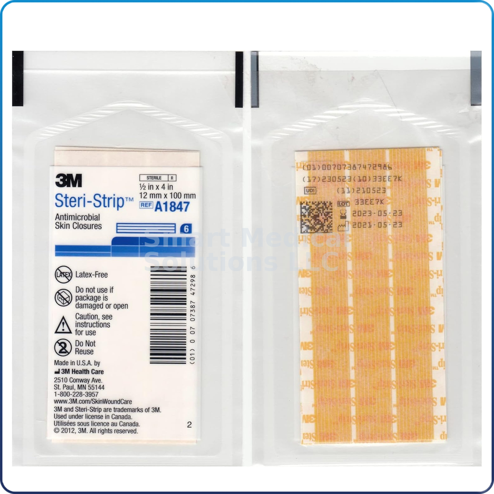 3M Steri-Strip Antimicrobial Skin Closure Strip 1/2"x4" 6/pk 50pk/Box